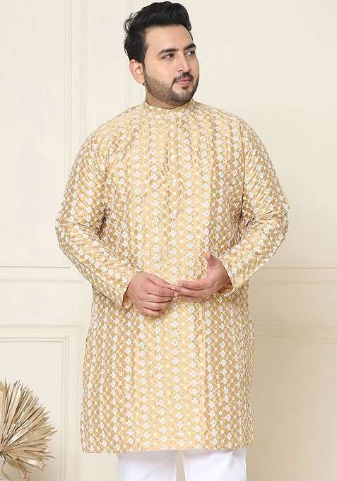 Gold Embroidered Poly Blend Kurta For Men