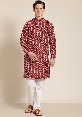 Maroon Embroidered Poly Blend Kurta For Men