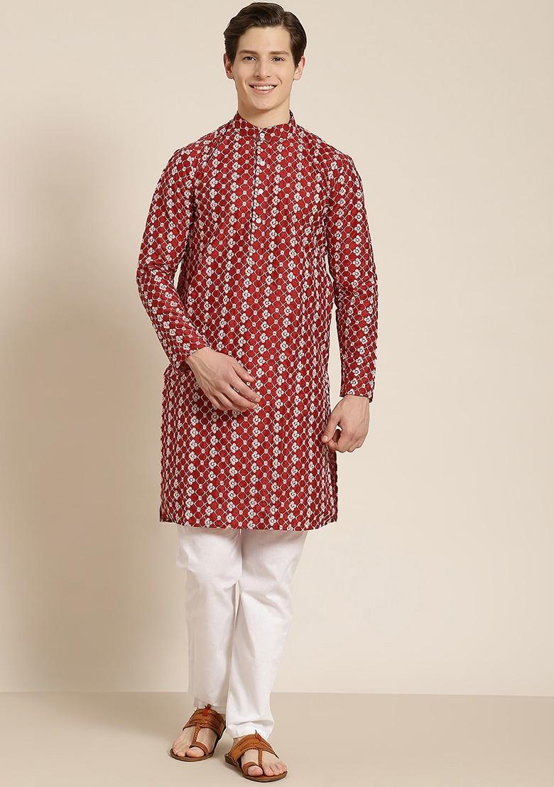 Maroon Embroidered Poly Blend Kurta For Men