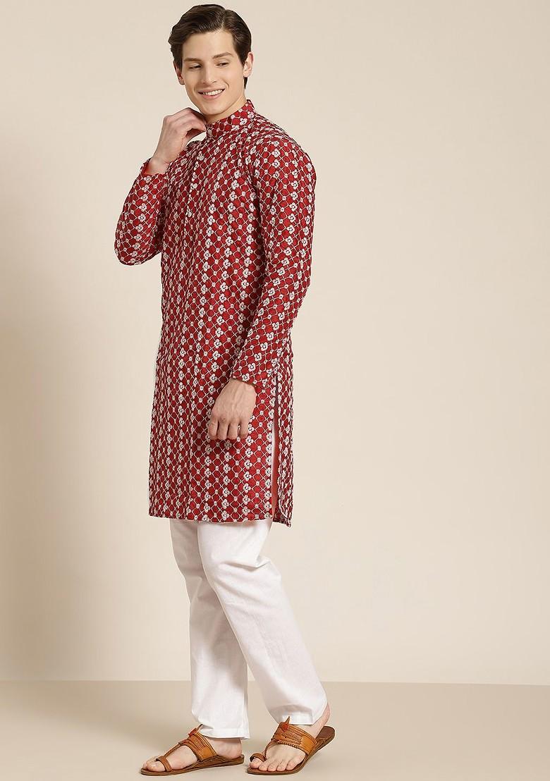 Maroon Embroidered Poly Blend Kurta For Men