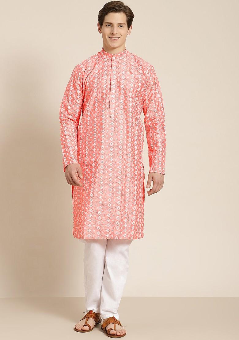 Peach Embroidered Poly Blend Kurta For Men