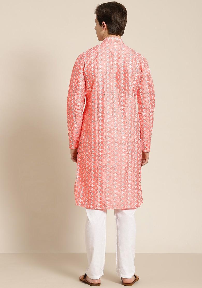 Peach Embroidered Poly Blend Kurta For Men
