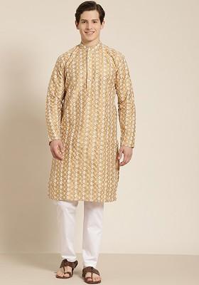 Gold Embroidered Poly Blend Kurta For Men