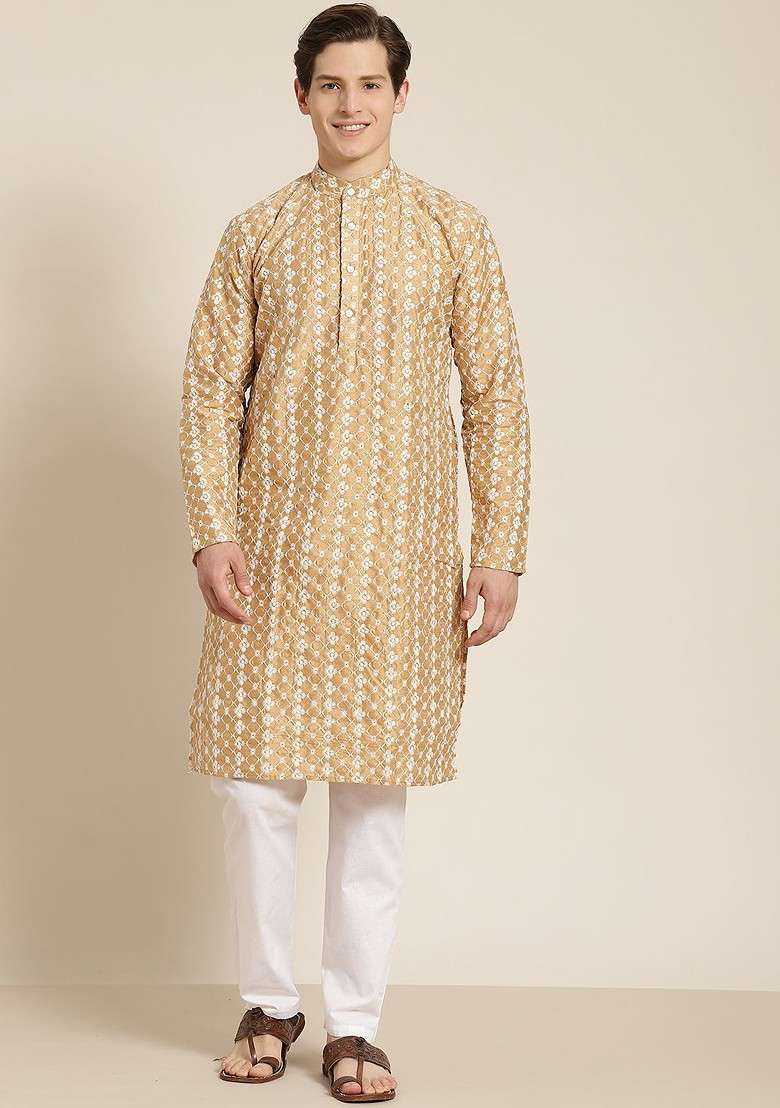 Gold Embroidered Poly Blend Kurta For Men - Indya