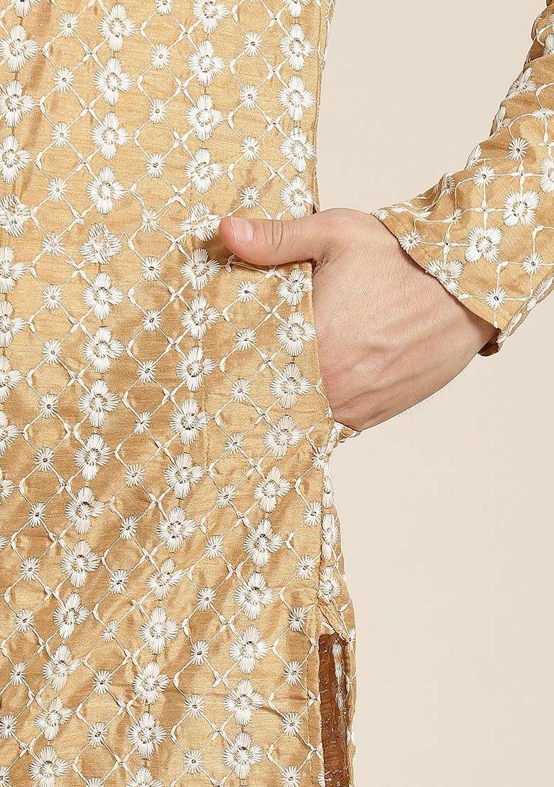 Gold Embroidered Poly Blend Kurta For Men - Indya