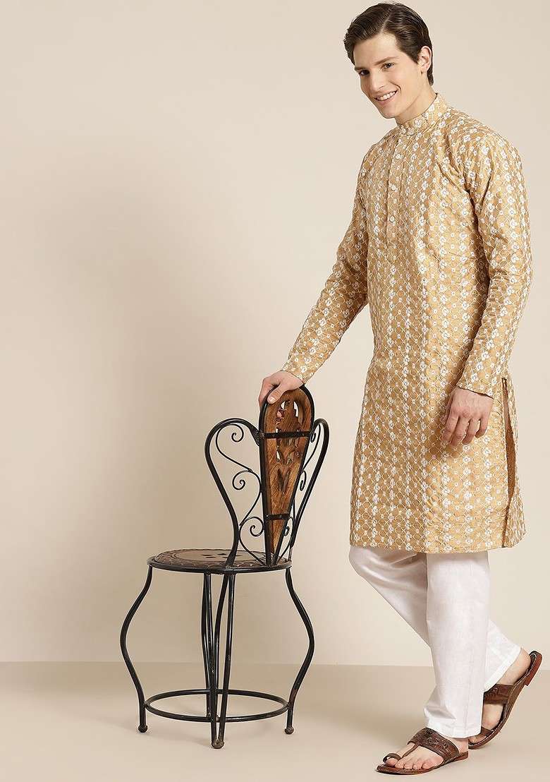 Gold Embroidered Poly Blend Kurta For Men - Indya