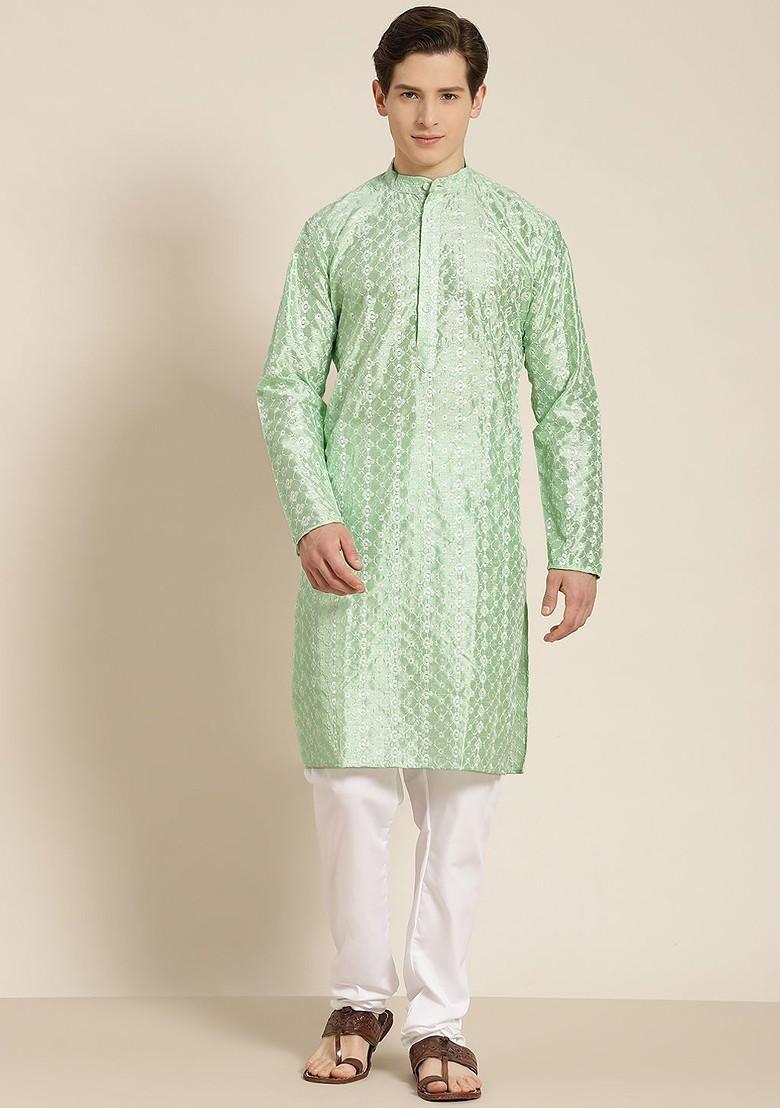 Sea Green Embroidered Poly Blend Kurta For Men