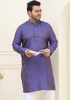 Blue Woven Silk Kurta For Men
