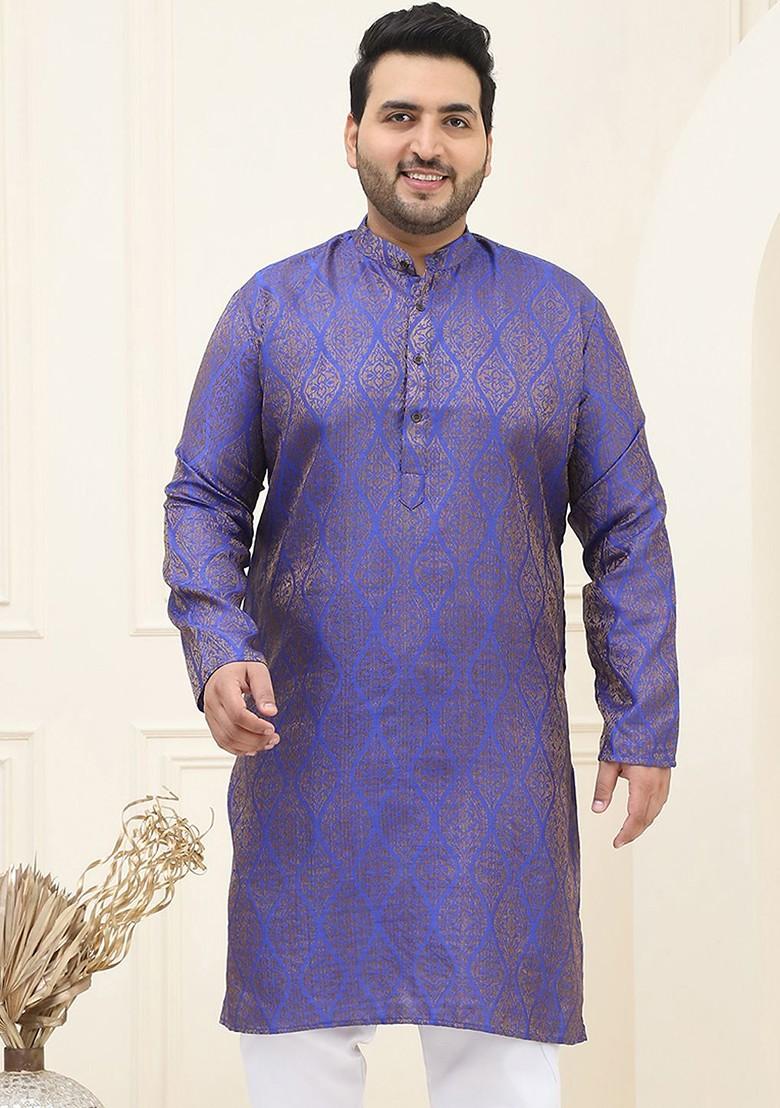 Blue Woven Silk Kurta For Men