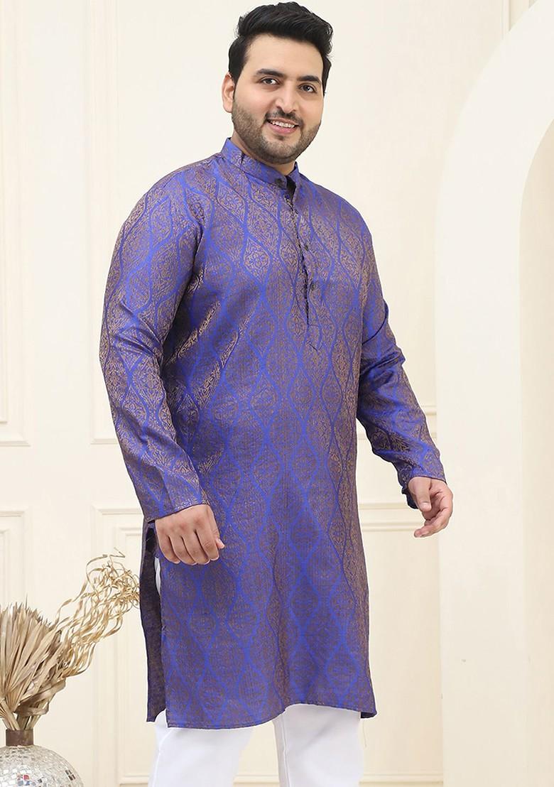 Blue Woven Silk Kurta For Men