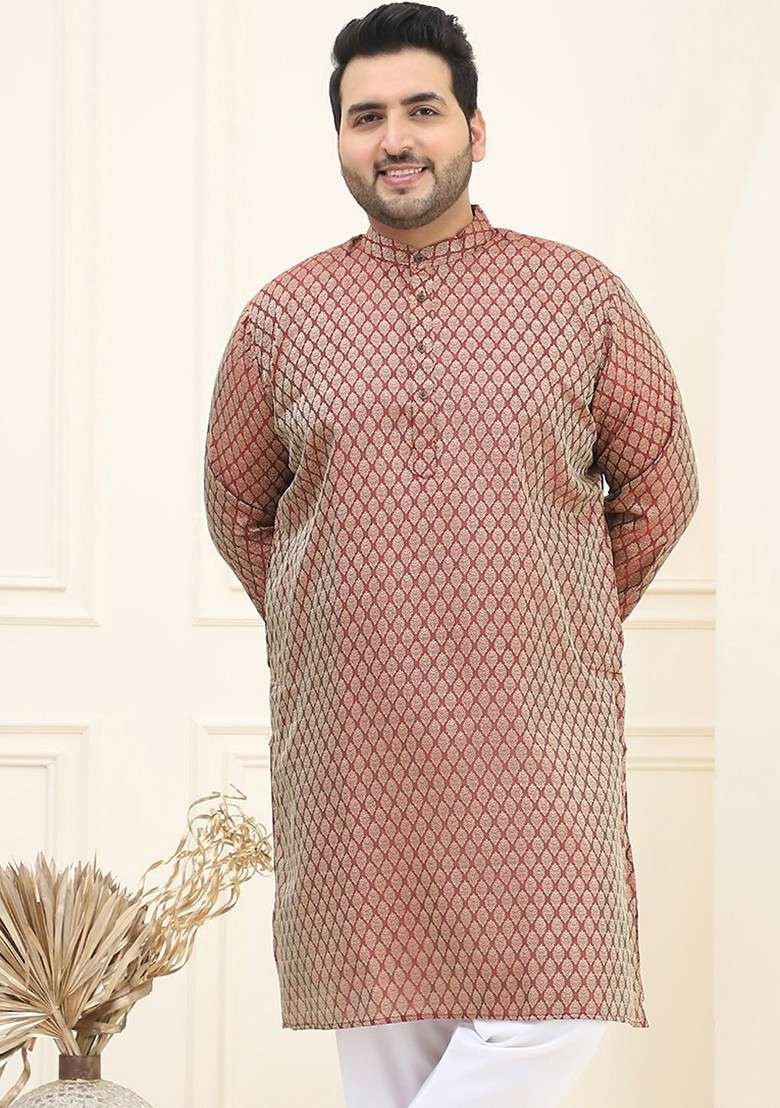 Maroon Woven Silk Blend Kurta For Men - Indya