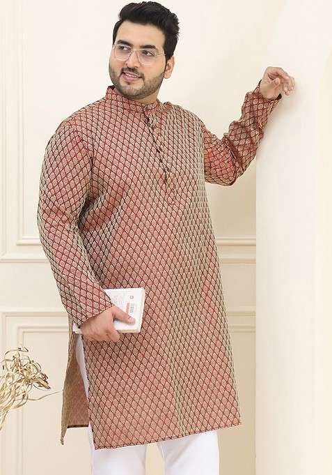 Maroon Woven Silk Blend Kurta For Men