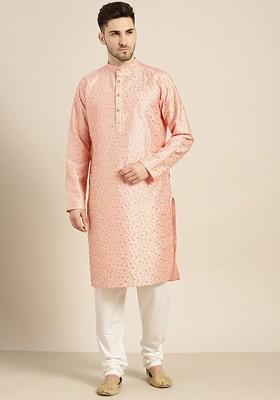 Peach Solid Poly Blend Kurta For Men