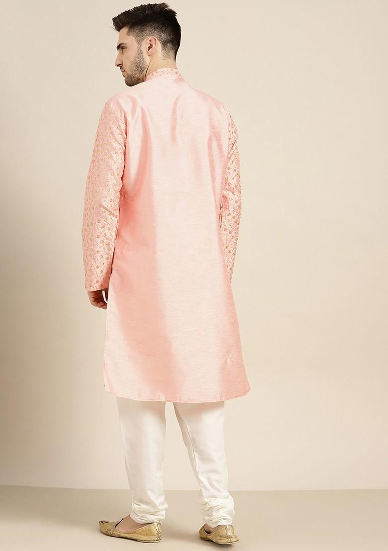 Peach Solid Poly Blend Kurta For Men