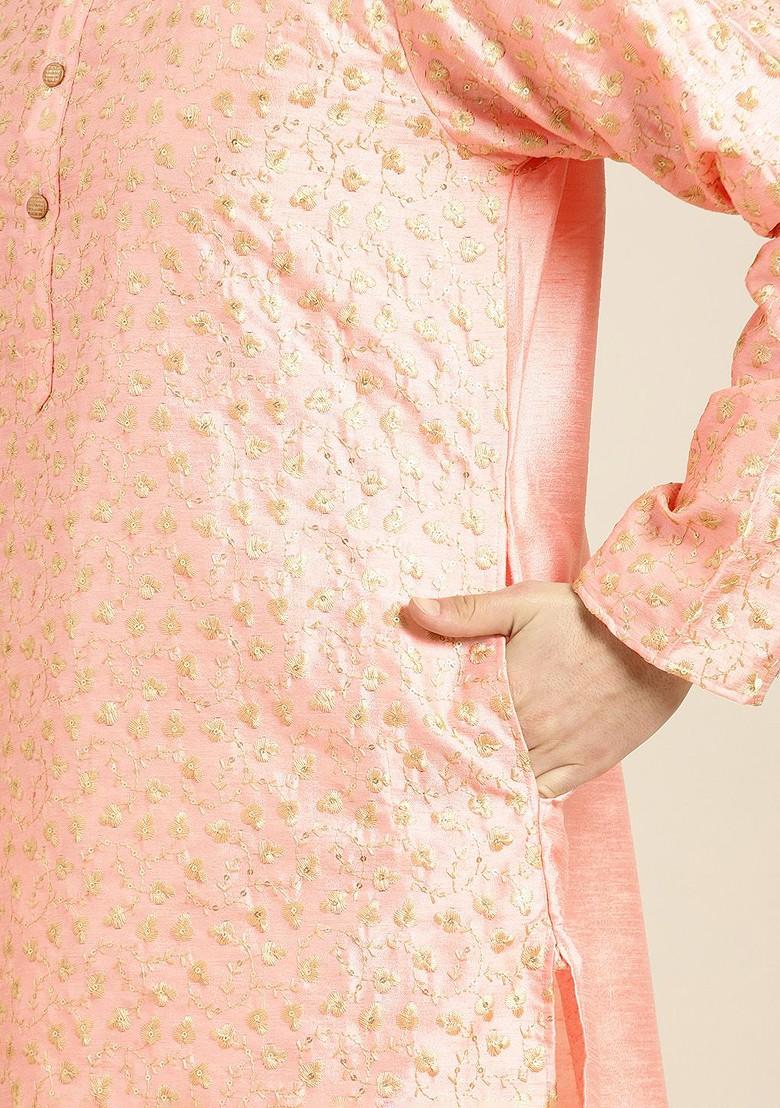 Peach Solid Poly Blend Kurta For Men
