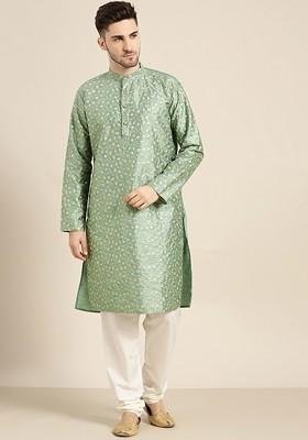 Green Floral Print Poly Blend Kurta For Men