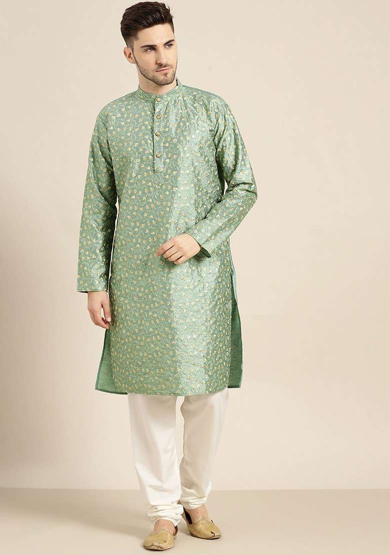 Green Floral Print Poly Blend Kurta For Men - Indya