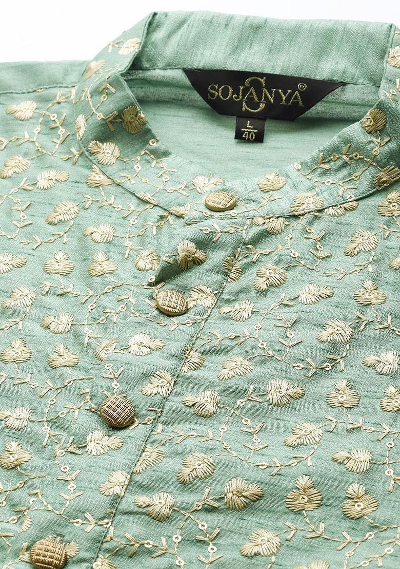 Green Floral Print Poly Blend Kurta For Men