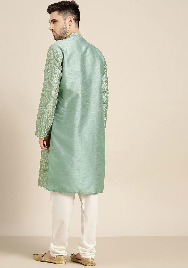 Green Floral Print Poly Blend Kurta For Men