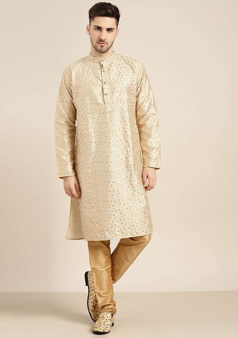 Beige Floral Print Poly Blend Kurta For Men - Indya