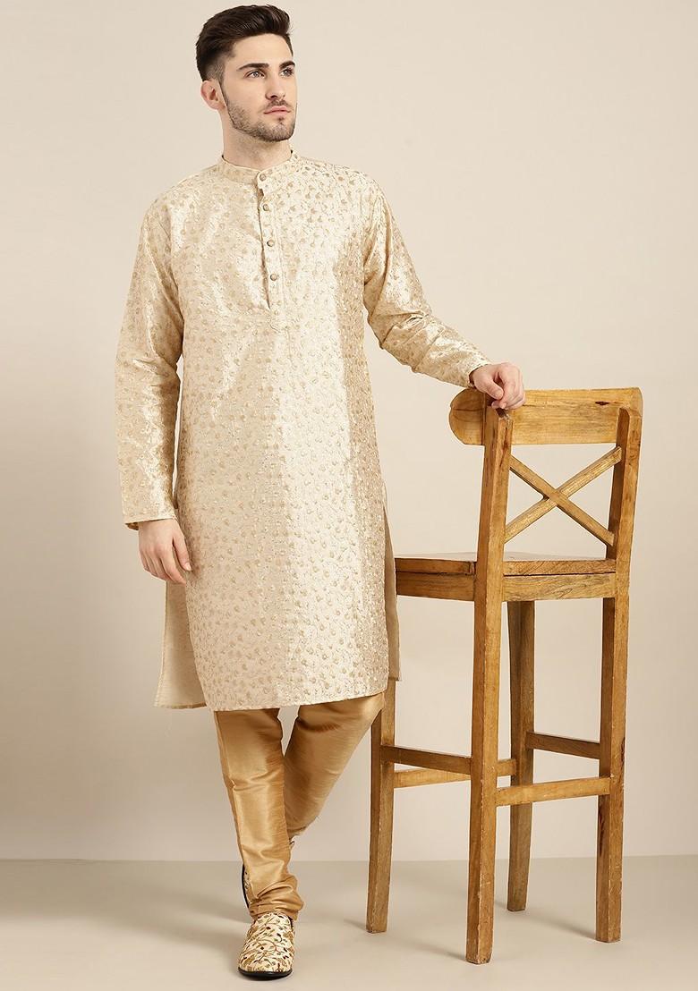 Beige Floral Print Poly Blend Kurta For Men