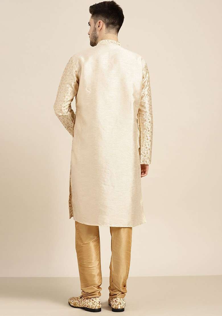 Beige Floral Print Poly Blend Kurta For Men - Indya