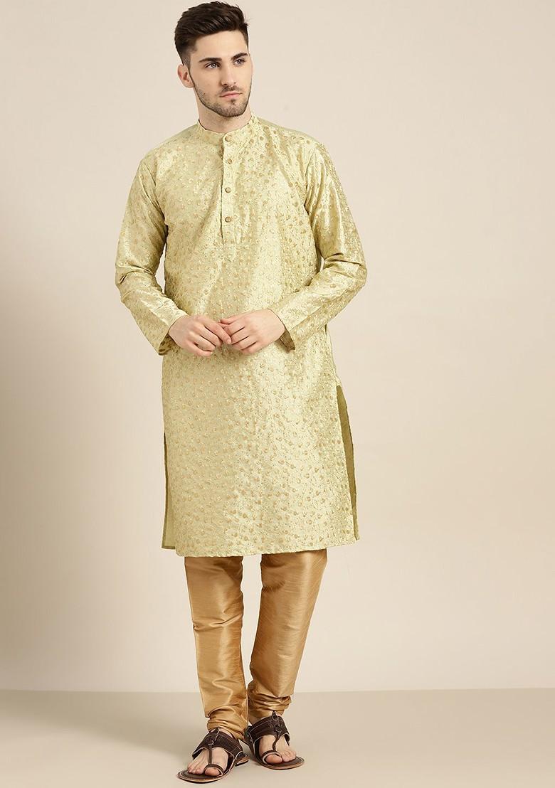 Green Floral Print Poly Blend Kurta For Men