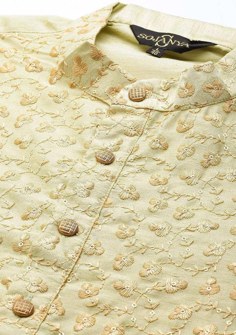 Green Floral Print Poly Blend Kurta For Men