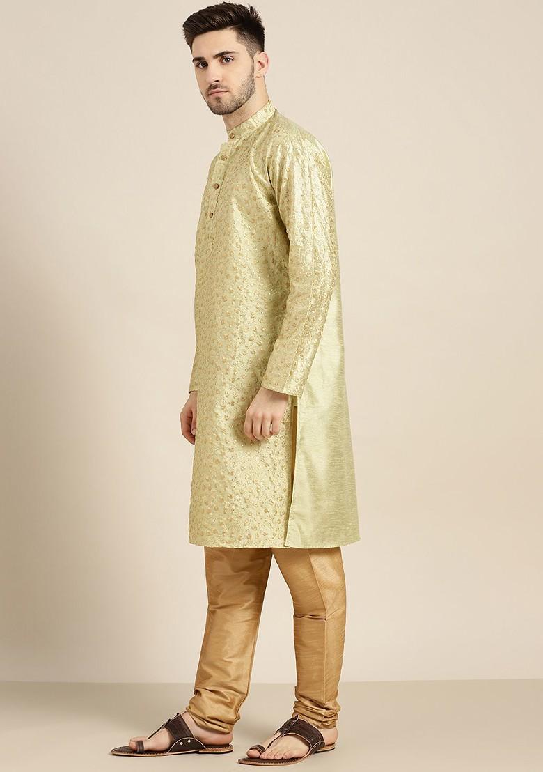 Green Floral Print Poly Blend Kurta For Men
