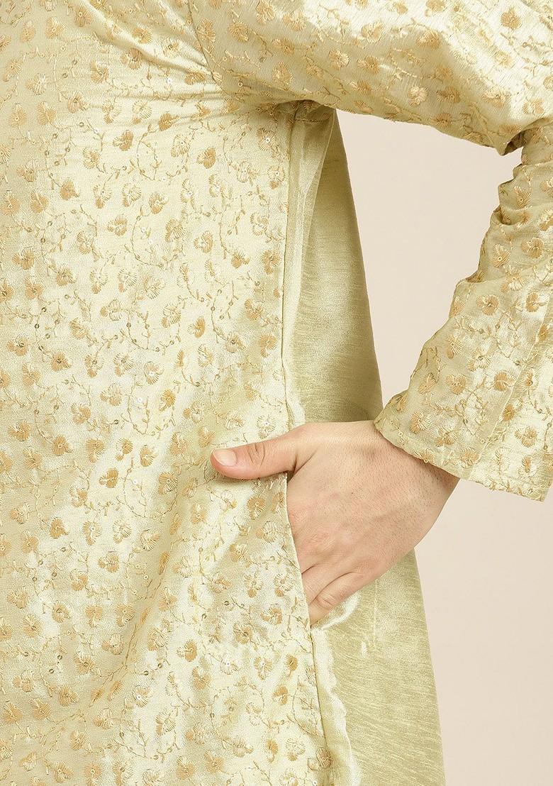 Green Floral Print Poly Blend Kurta For Men