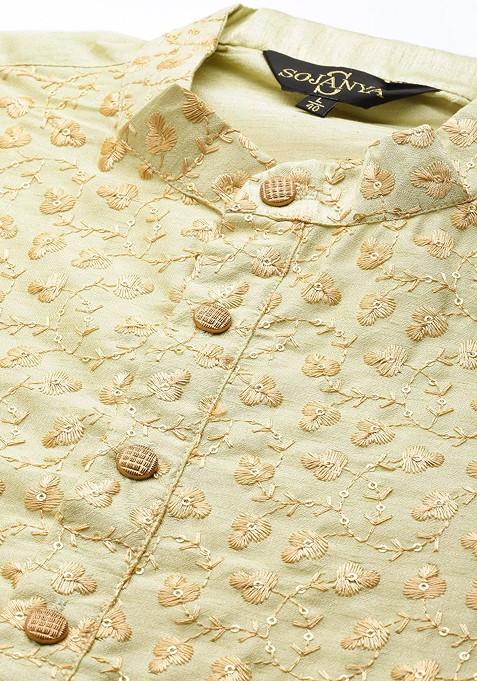 Green Floral Print Poly Blend Kurta For Men