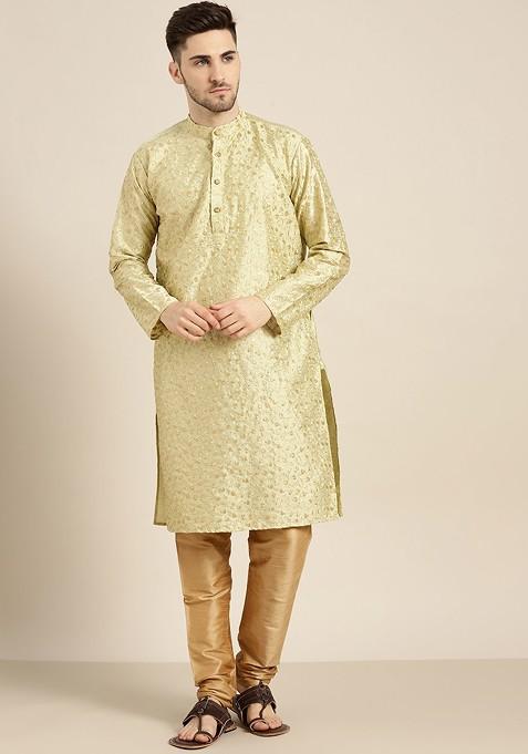 Green Floral Print Poly Blend Kurta For Men