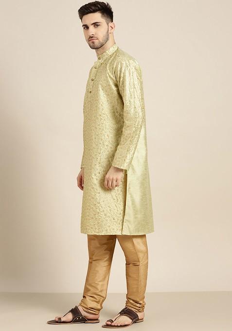Green Floral Print Poly Blend Kurta For Men