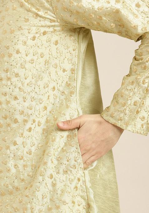 Green Floral Print Poly Blend Kurta For Men