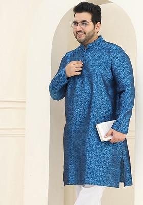 Blue Woven Jacquard Kurta For Men