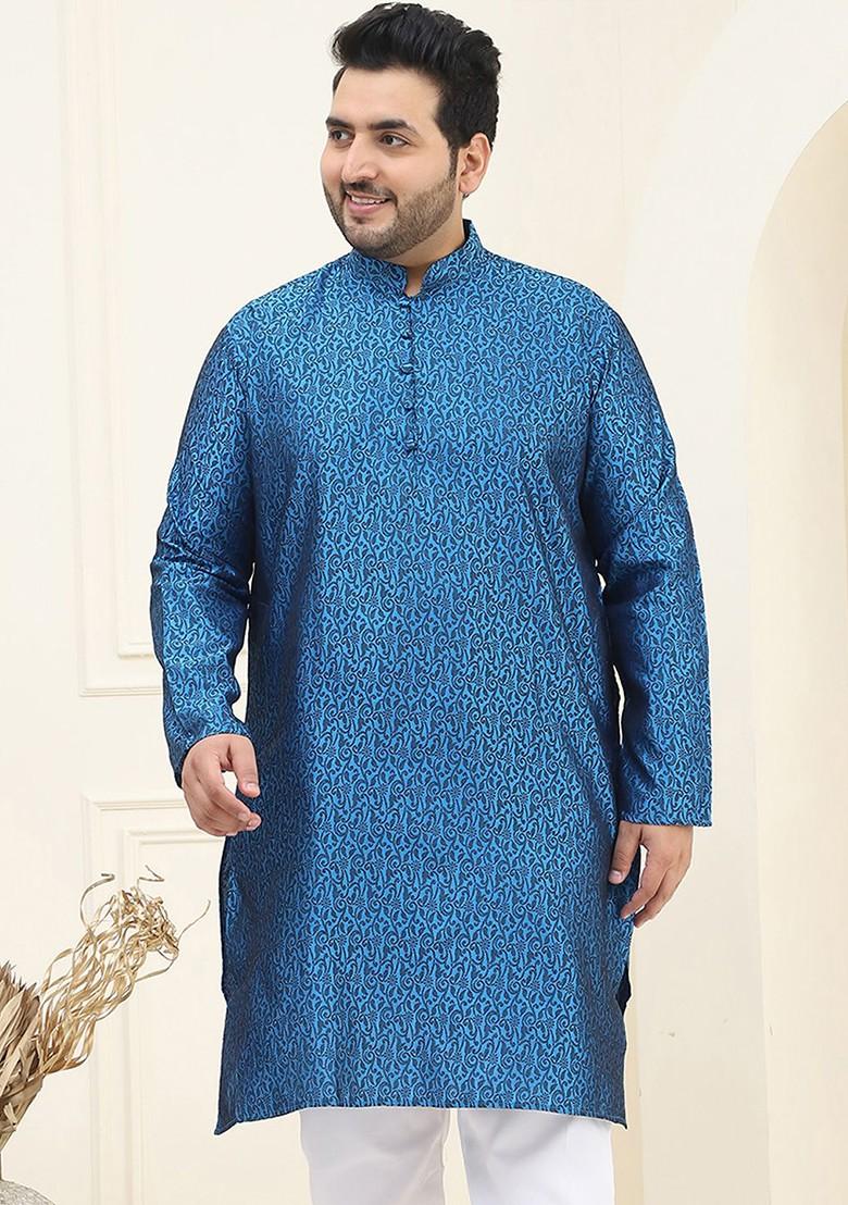 Blue Woven Jacquard Kurta For Men