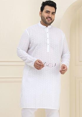 White Embroidered Poly Blend Kurta For Men