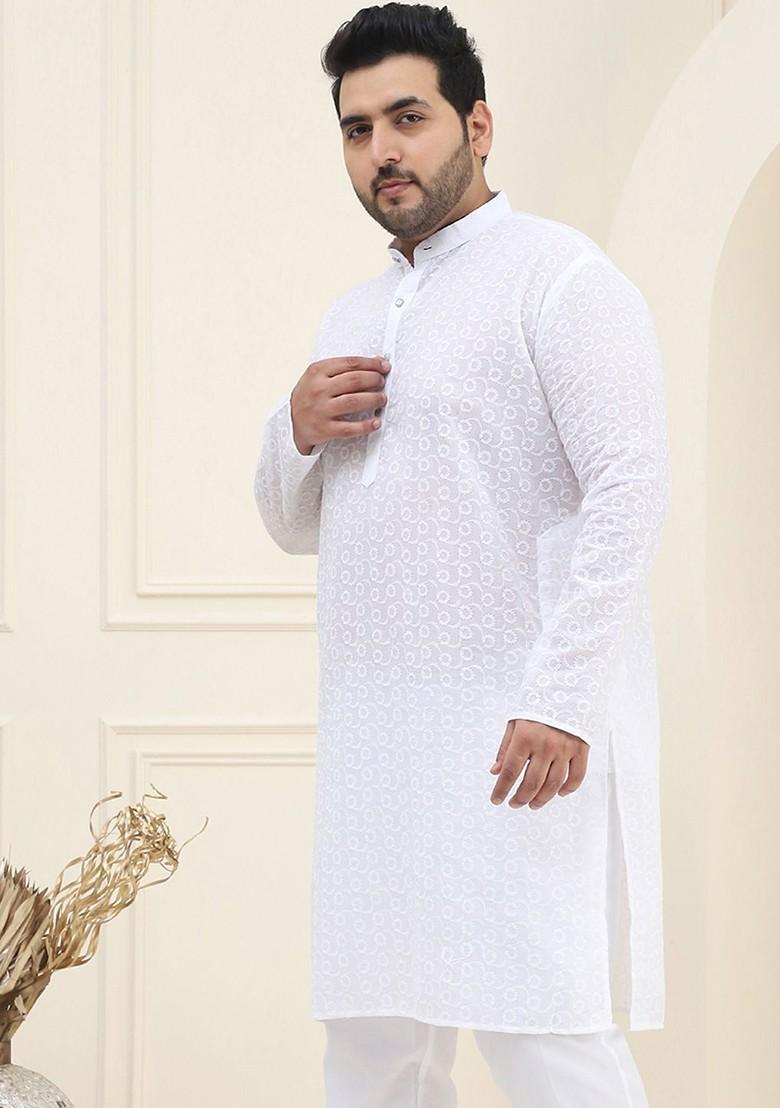 White Embroidered Poly Blend Kurta For Men