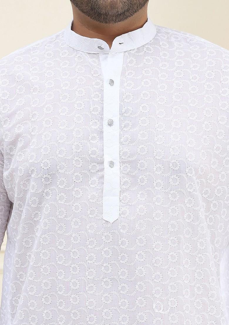 White Embroidered Poly Blend Kurta For Men