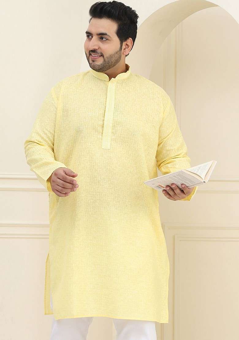 Yellow Solid Cotton Kurta For Men - Indya