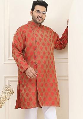 Red Woven Poly Blend Kurta For Men