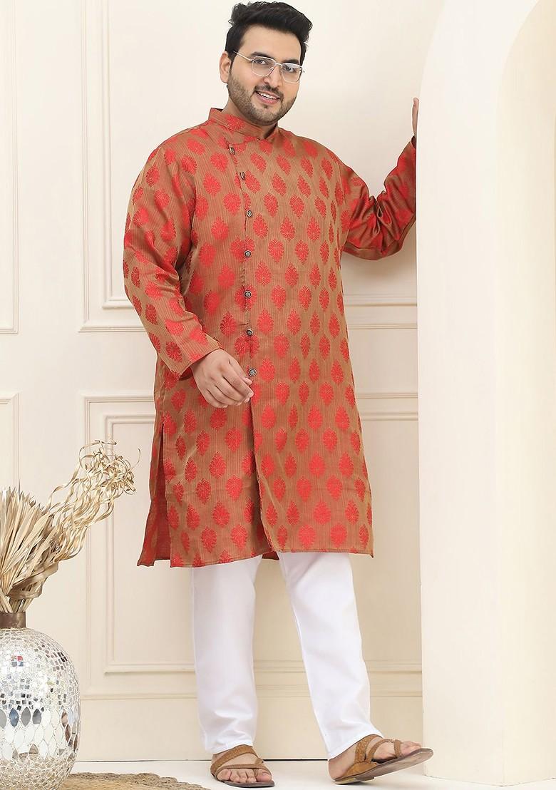Red Woven Poly Blend Kurta For Men