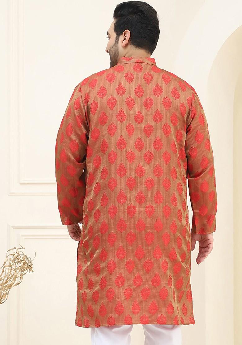 Red Woven Poly Blend Kurta For Men