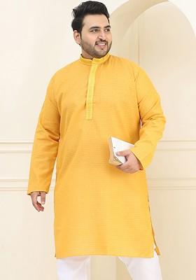 Mustard Checked Cotton Kurta For Men
