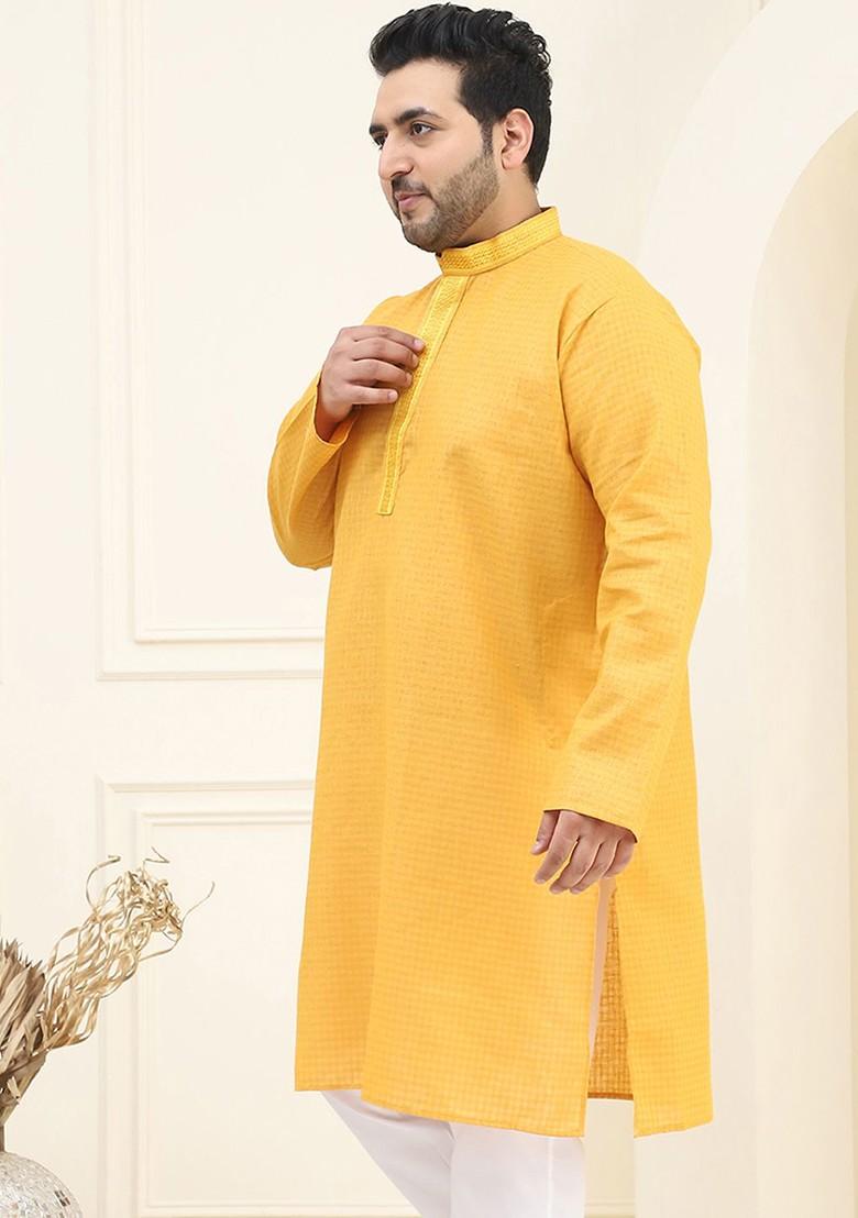 Mustard Checked Cotton Kurta For Men