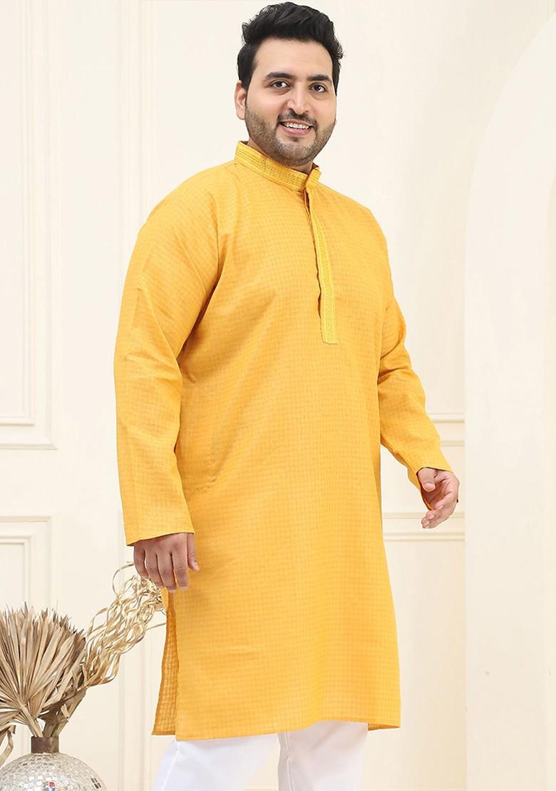 Mustard Checked Cotton Kurta For Men