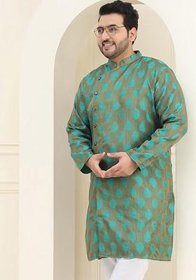 Green Woven Jacquard Kurta For Men