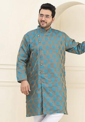 Blue Woven Jacquard Kurta For Men