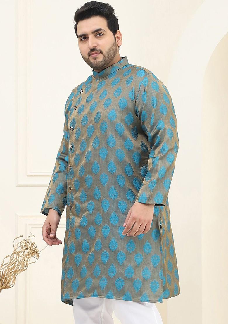 Blue Woven Jacquard Kurta For Men