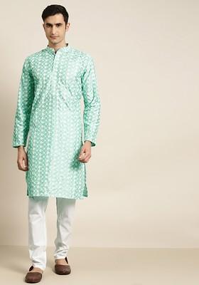 Blue Thread Work Poly Blend Kurta For Men
